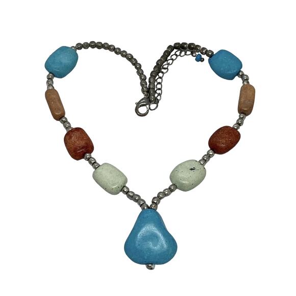 Multi-colored Stone and Silver Bead 16" Necklace Blue Pendant Vintage Estate - Picture 6 of 14